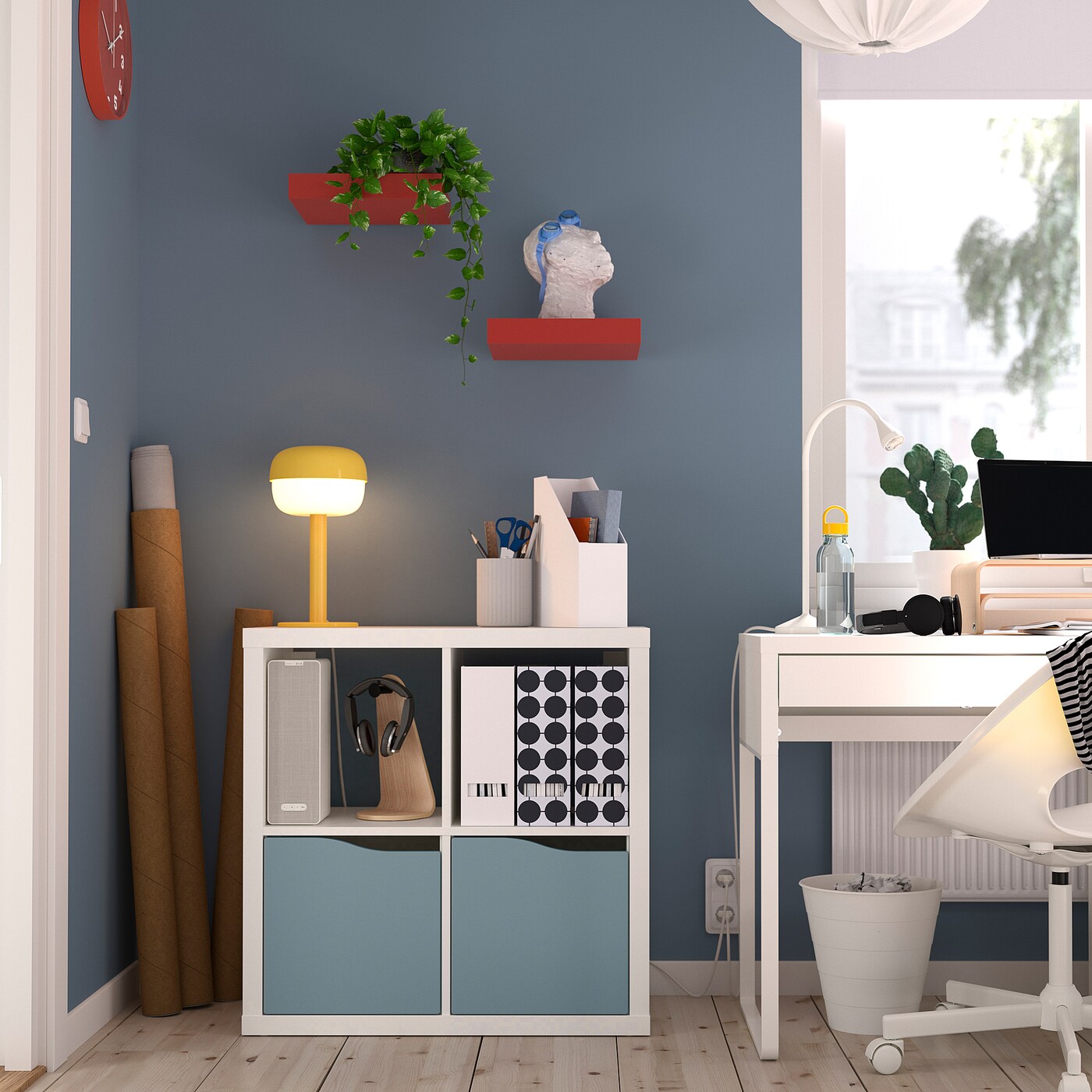 KALLAX shelving unit with 2 doors white/light grey-blue wave