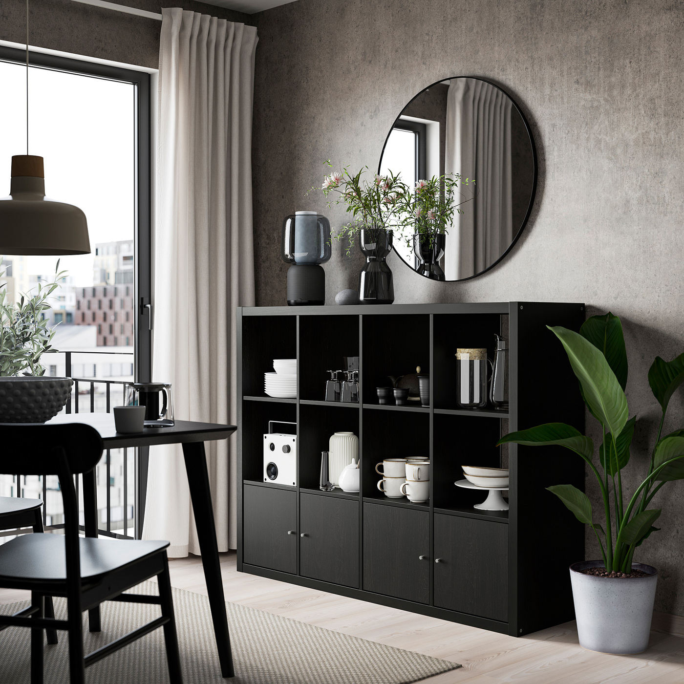 【中古美品】IKEA　棚付きデスク黒　Kallax KALLAX shelving unit with underframe, with 2 doors/4 drawers/black