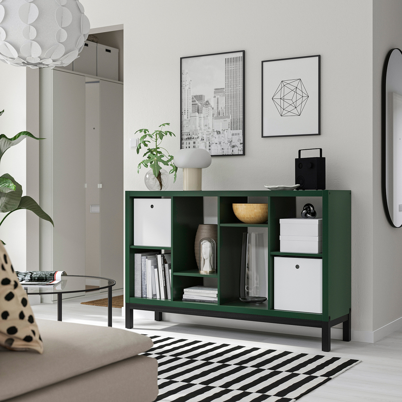 IKEA KALLAX シェルフユニット ダークグリーン 147x77cm KALLAX shelving unit with underframe dark green/black - IKEA