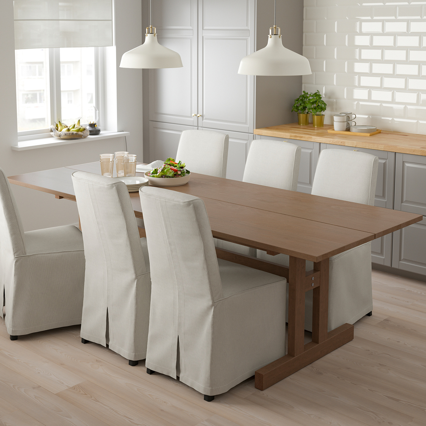 KLIMPFJÄLL / BERGMUND table and 6 chairs grey-brown/Kolboda beige