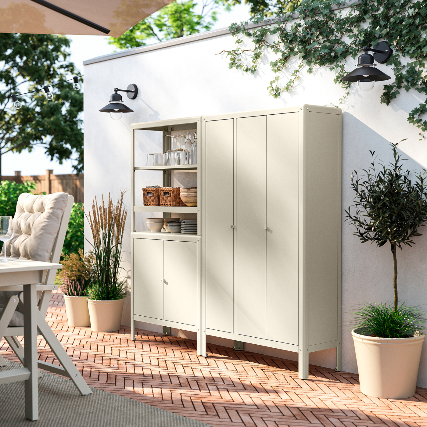 KOLBJÖRN shelving unit with 2 cabinets beige/outdoor indoor - IKEA