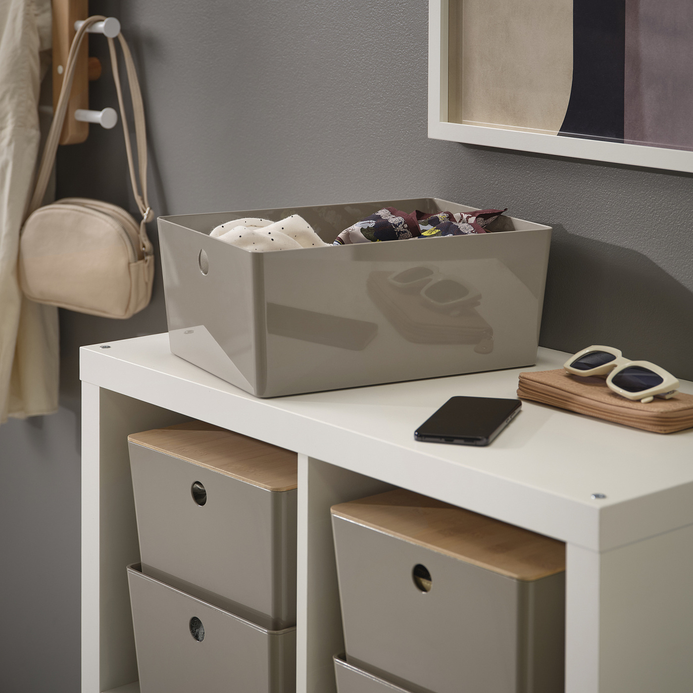 KUGGIS box with lid dark grey-beige/bamboo - IKEA