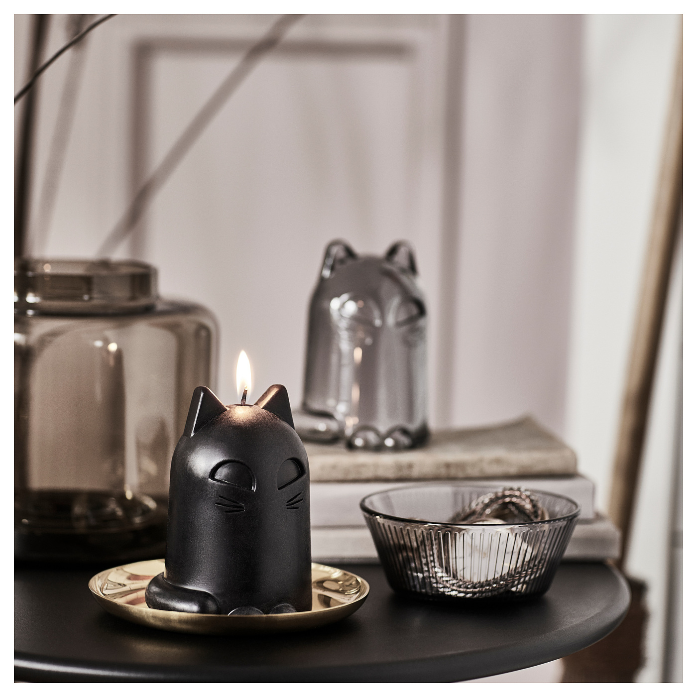 3点 IKEA KUSTFYR ゴースト ふた付きボウル ネコ ガラス 蝋燭 KUSTFYR unscented candle cat black - IKEA
