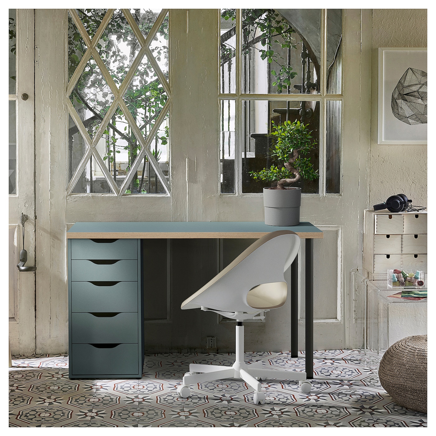 LAGKAPTEN / ALEX desk, gray-turquoise/black, 551/8x235/8