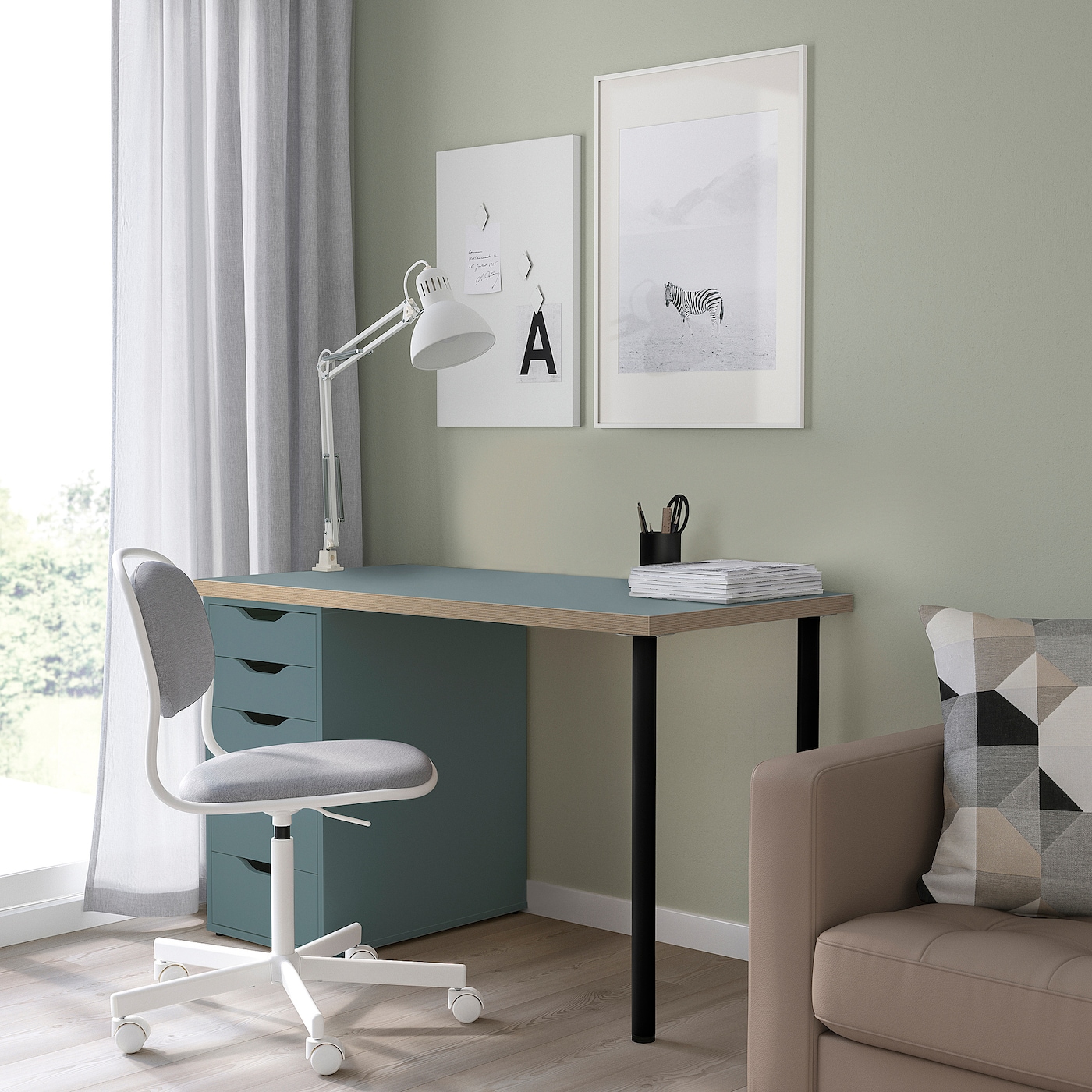 LAGKAPTEN / ALEX desk, gray-turquoise/black, 551/8x235/8