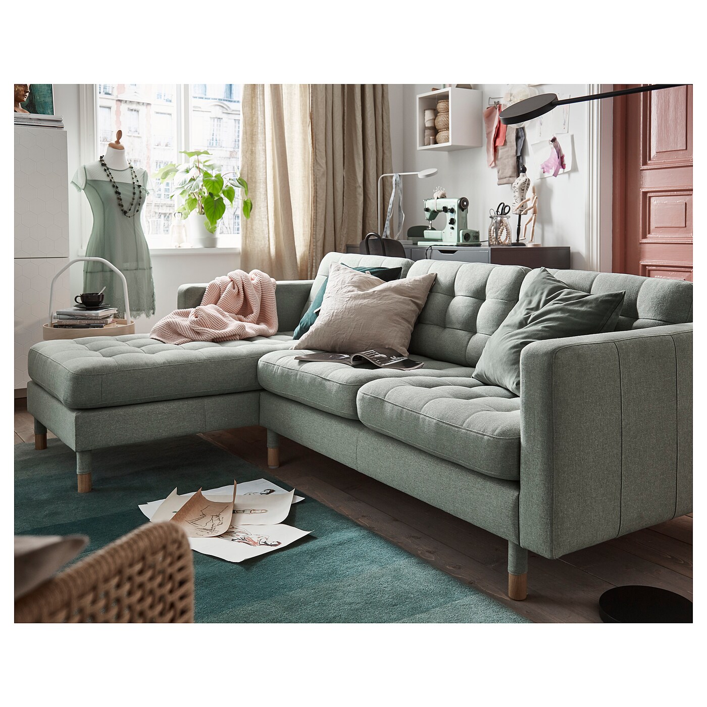 LANDSKRONA 3-seat sofa with chaise longue/Gunnared light green/wood - IKEA