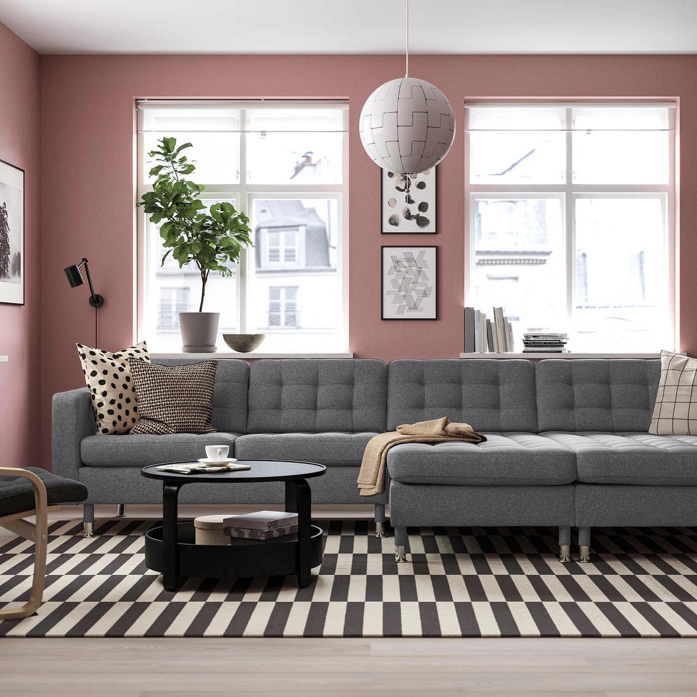 LANDSKRONA 4-seat sofa with chaise longues Gunnared dark grey