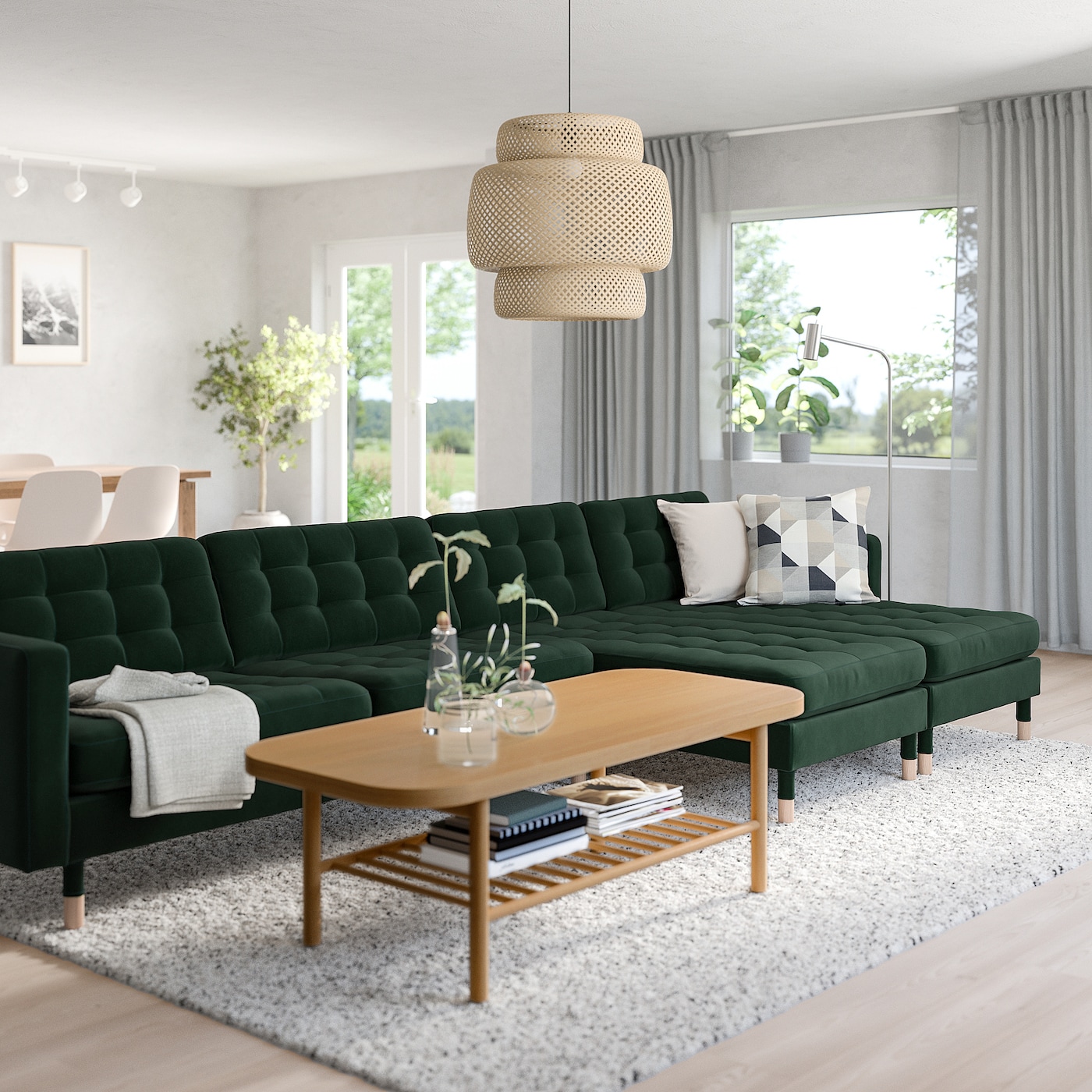 LANDSKRONA 5-seat sofa with chaise longues/Djuparp dark green/wood