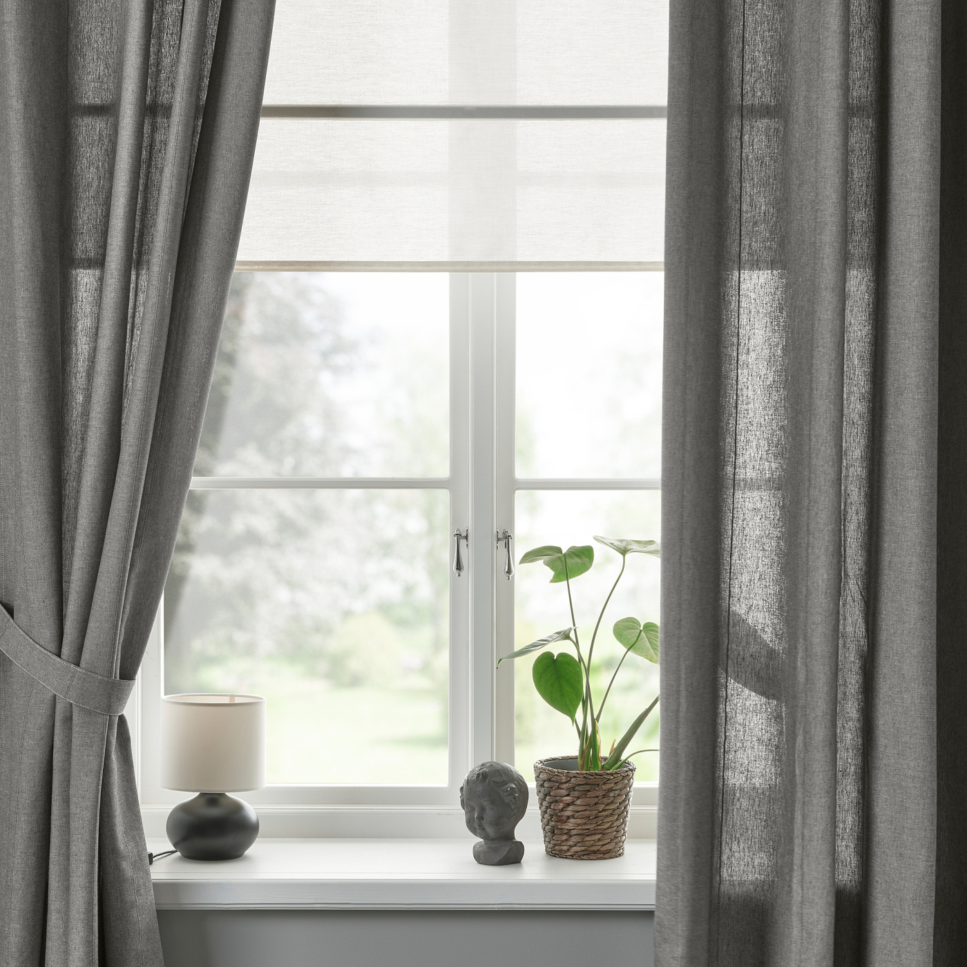LENDA curtains with tie-backs, 1 pair dark grey/with heading tape
