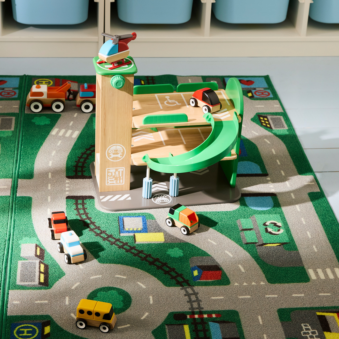 LILLABO garage with car and helicopter multicolour - IKEA