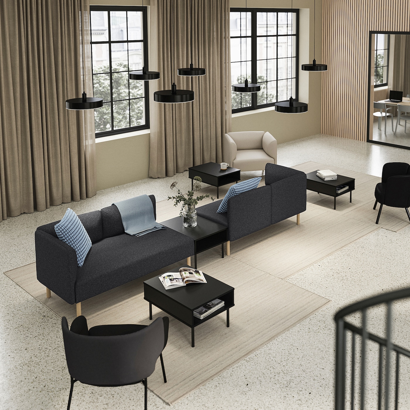 LILLEHEM 4 seat modular sofa with side table Gunnared dark grey wood IKEA