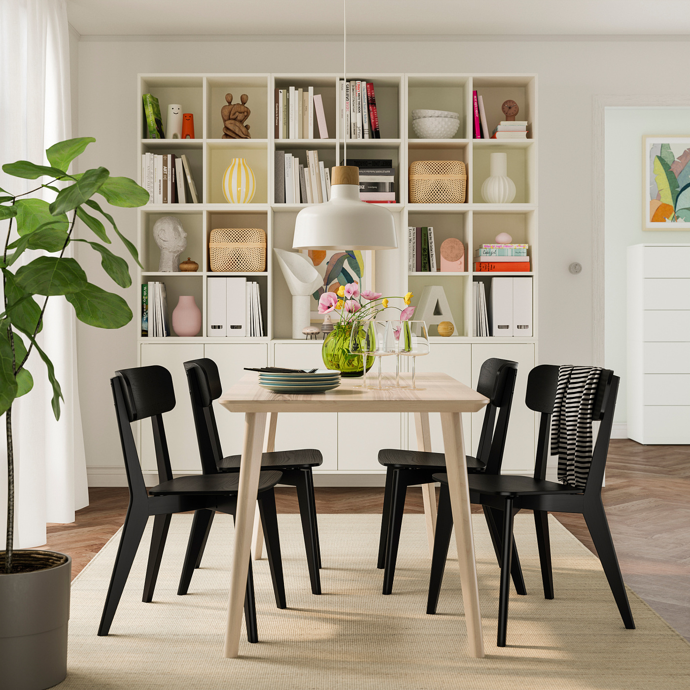 LISABO / LISABO table and 4 chairs ash veneer/black - IKEA