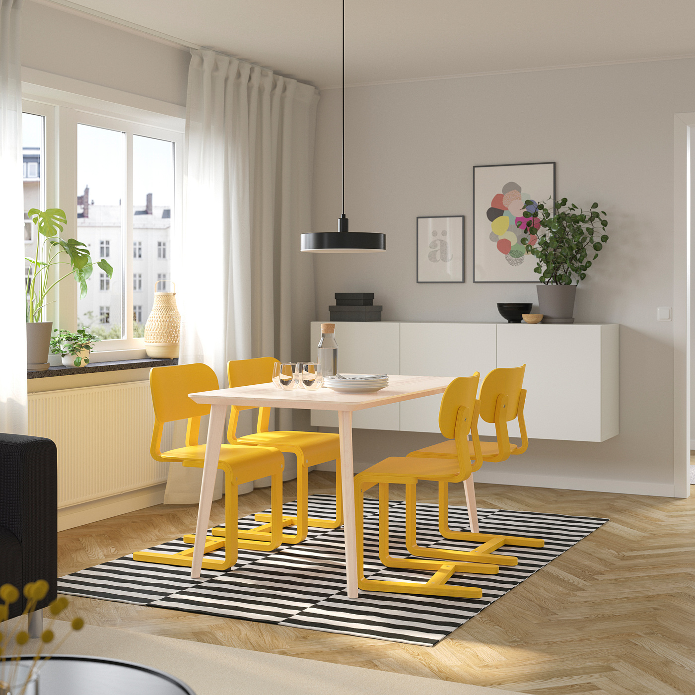 LISABO / LYCKAN table and 4 chairs ash veneer/yellow birch veneer