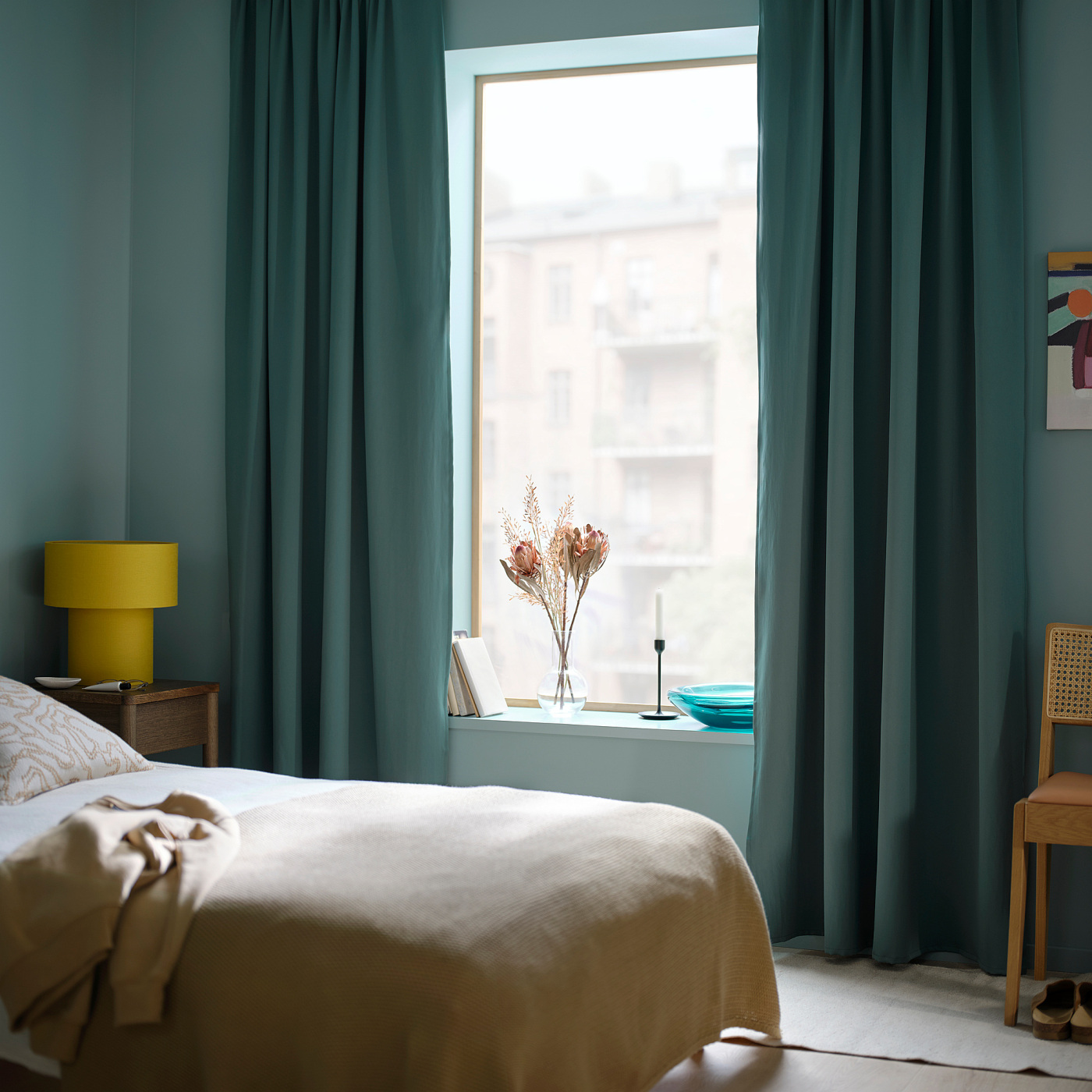MAJGULL room darkening curtains, 1 pair dark grey-turquoise/with
