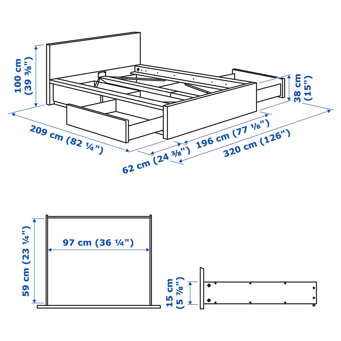 IKEA MALM セミダブルベッド 解体済み MALM マルム ベッドフレーム, ブラックブラウン/ルーローイ