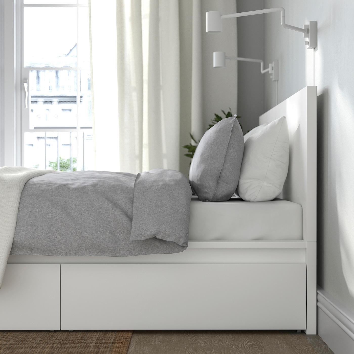 MALM bed frame, high, w 4 storage boxes white - IKEA