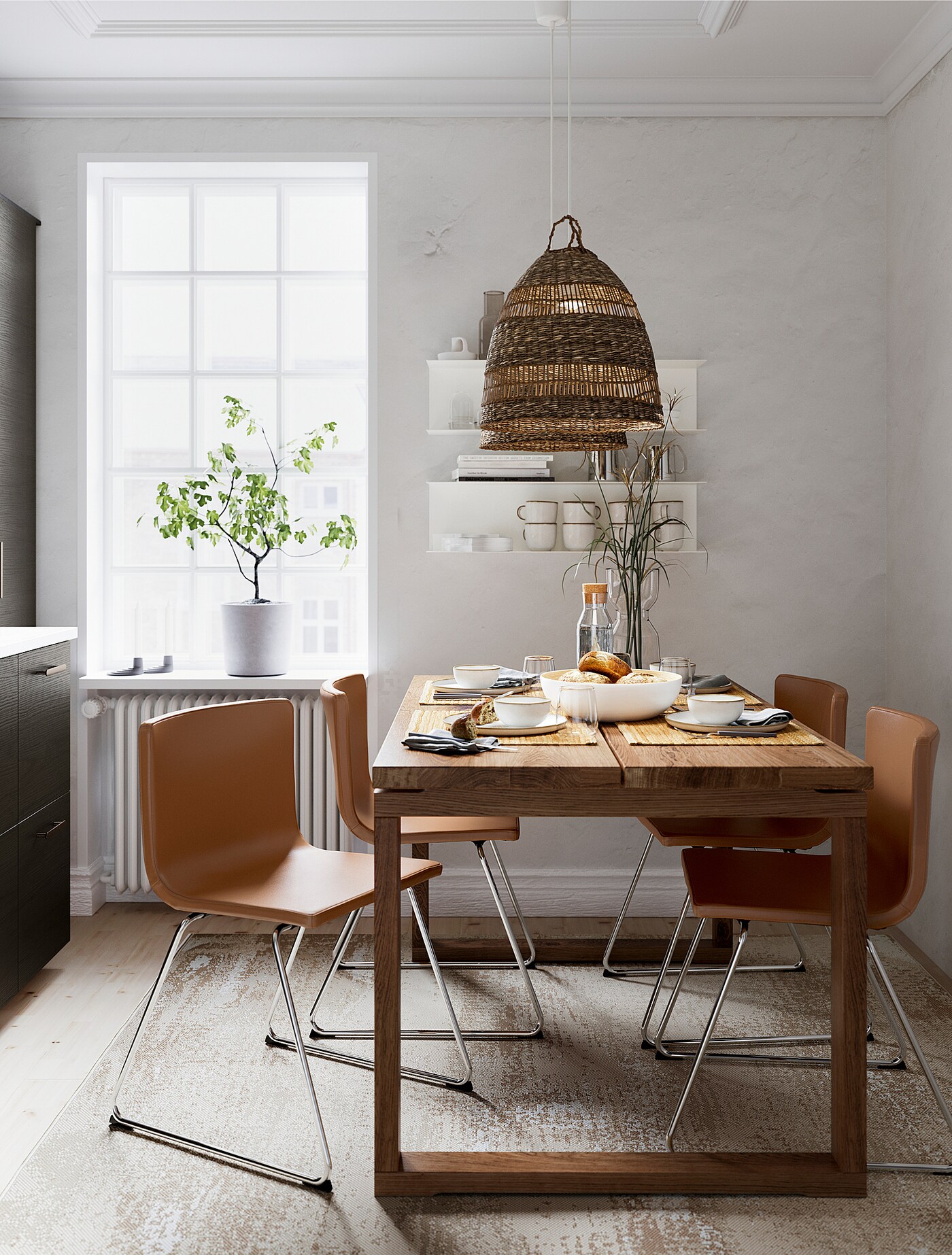 MÖRBYLÅNGA / BERNHARD table and 4 chairs oak veneer brown stained