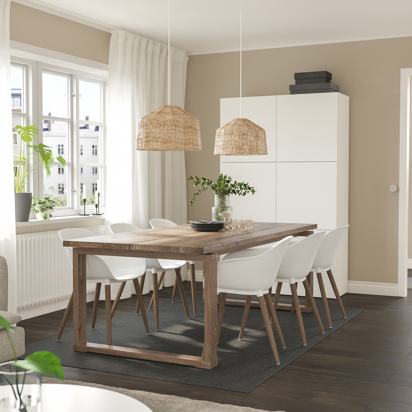 MÖRBYLÅNGA / GRÖNSTA table and 6 armchairs oak veneer brown