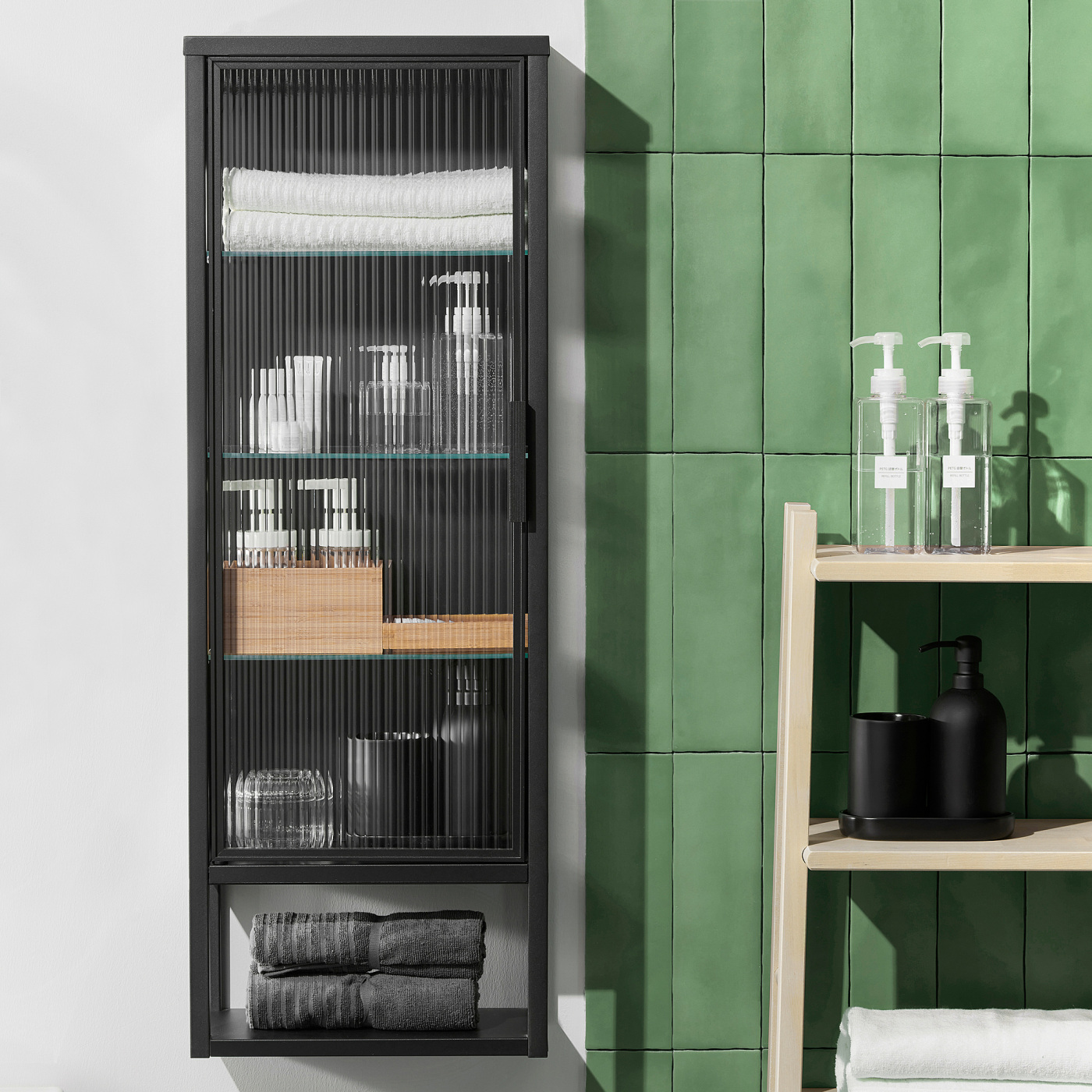 MOSSJÖN wall cabinet w shelves/glass door anthracite - IKEA