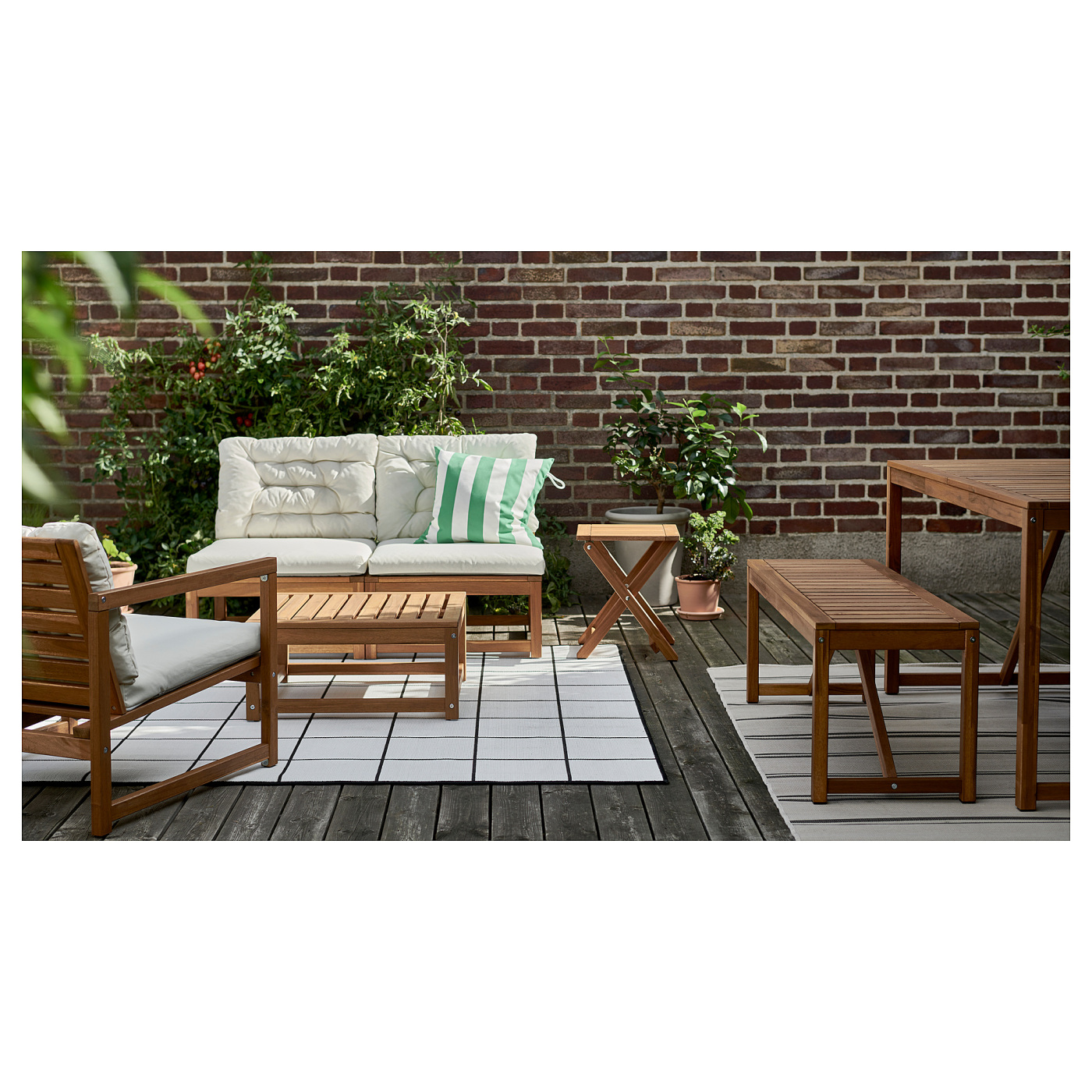 NÄMMARÖ 4-seat, lounge set light brown stained/Kuddarna light grey