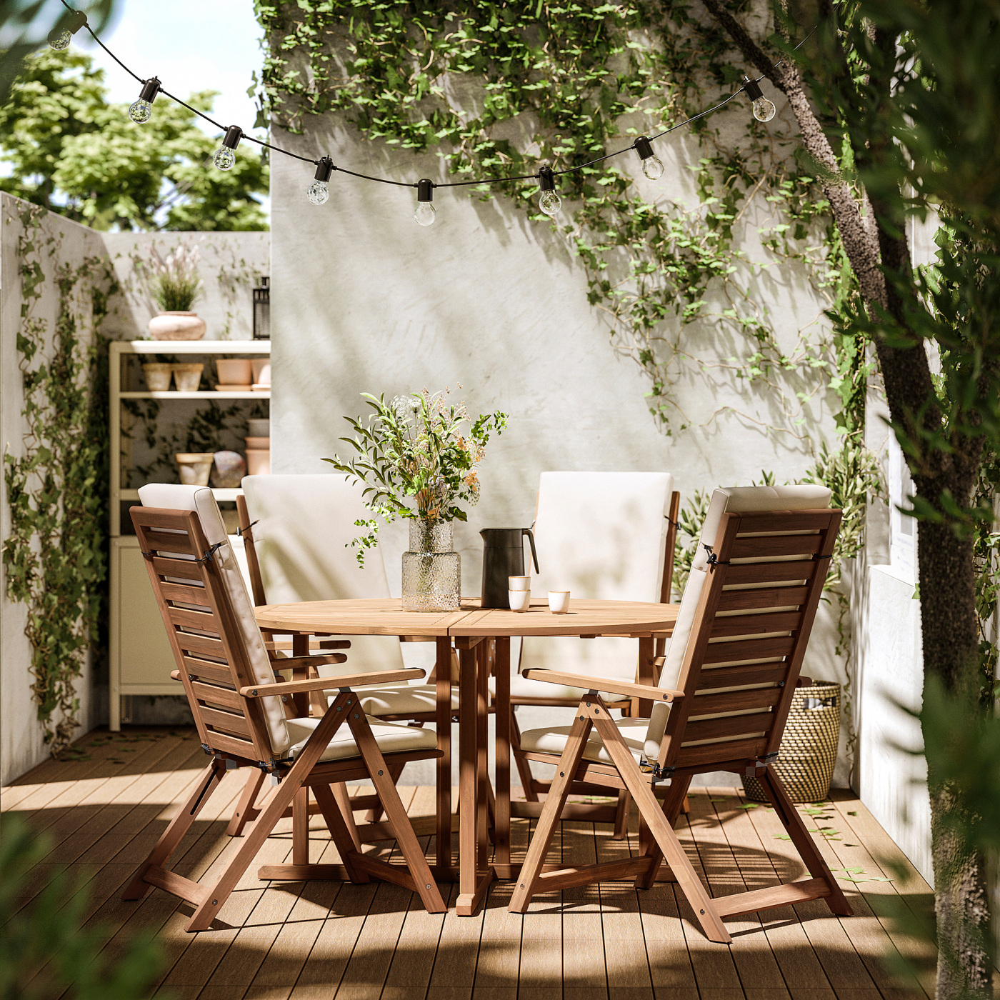 NÄMMARÖ table+4 reclining chairs, outdoor light brown stained