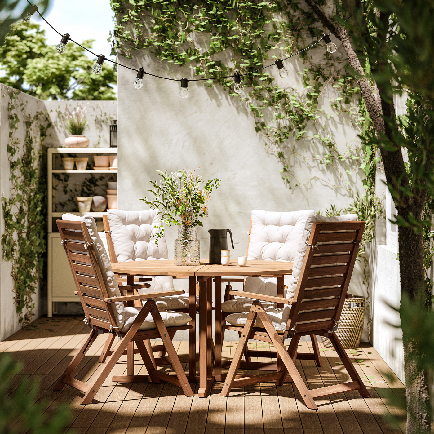 NÄMMARÖ table+4 reclining chairs, outdoor light brown stained