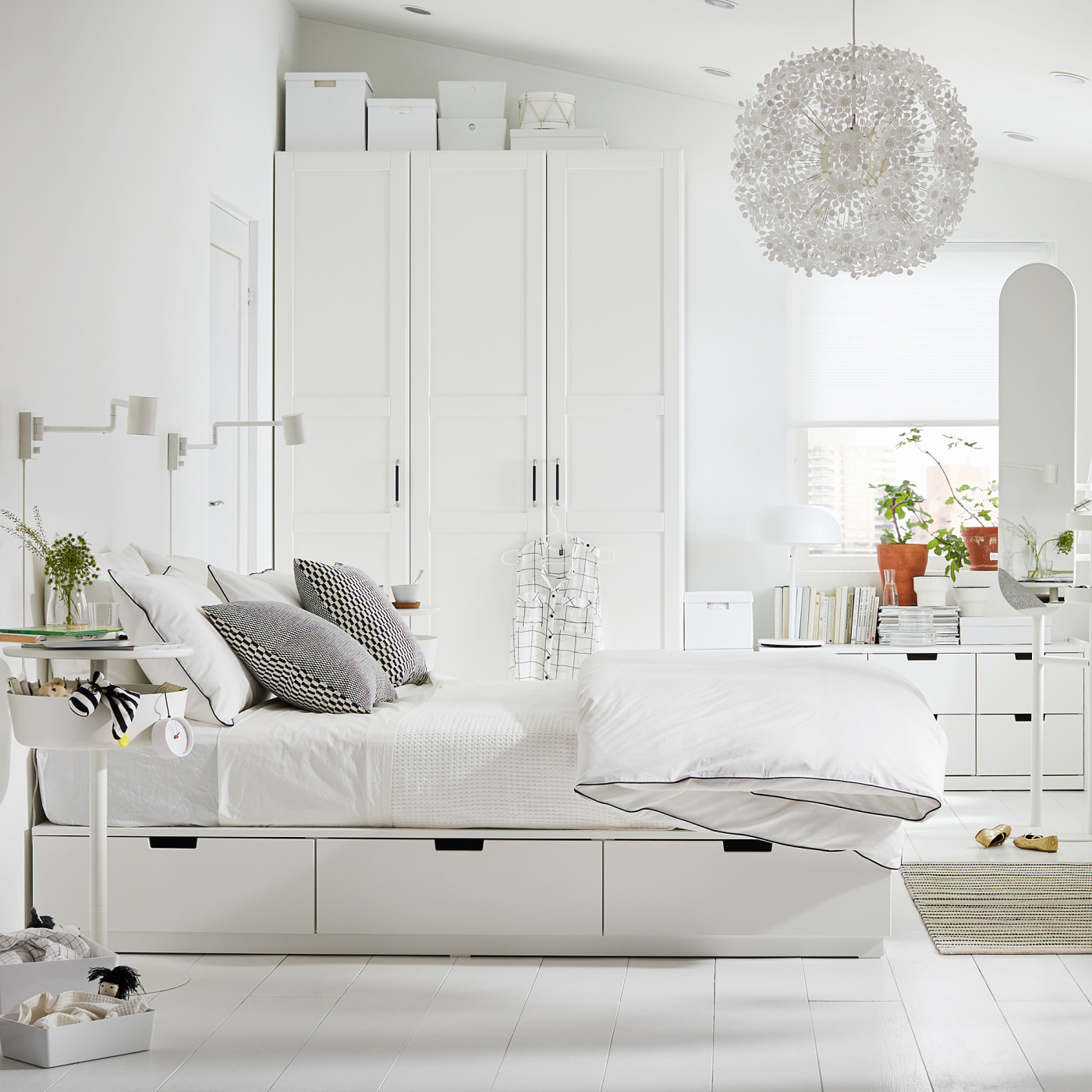 NORDLI bed frame with storage and mattress white/Valevåg firm - IKEA