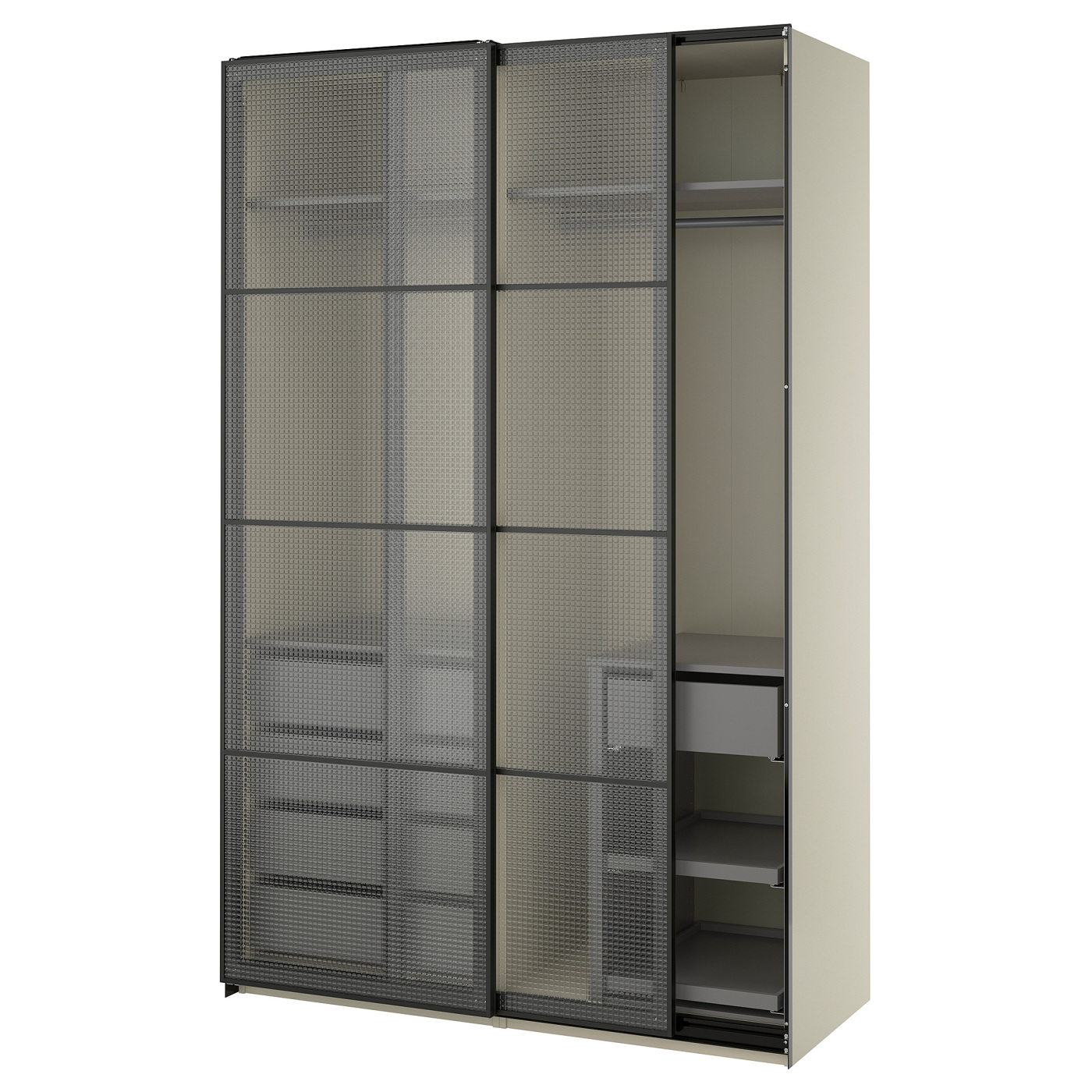 PAX / LUNDBRÄSMA wardrobe with sliding doors grey-beige black/checkered ...