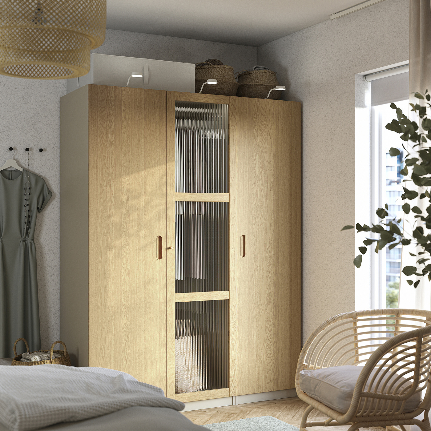 PAX / TONSTAD wardrobe combination grey-beige/oak veneer glass - IKEA
