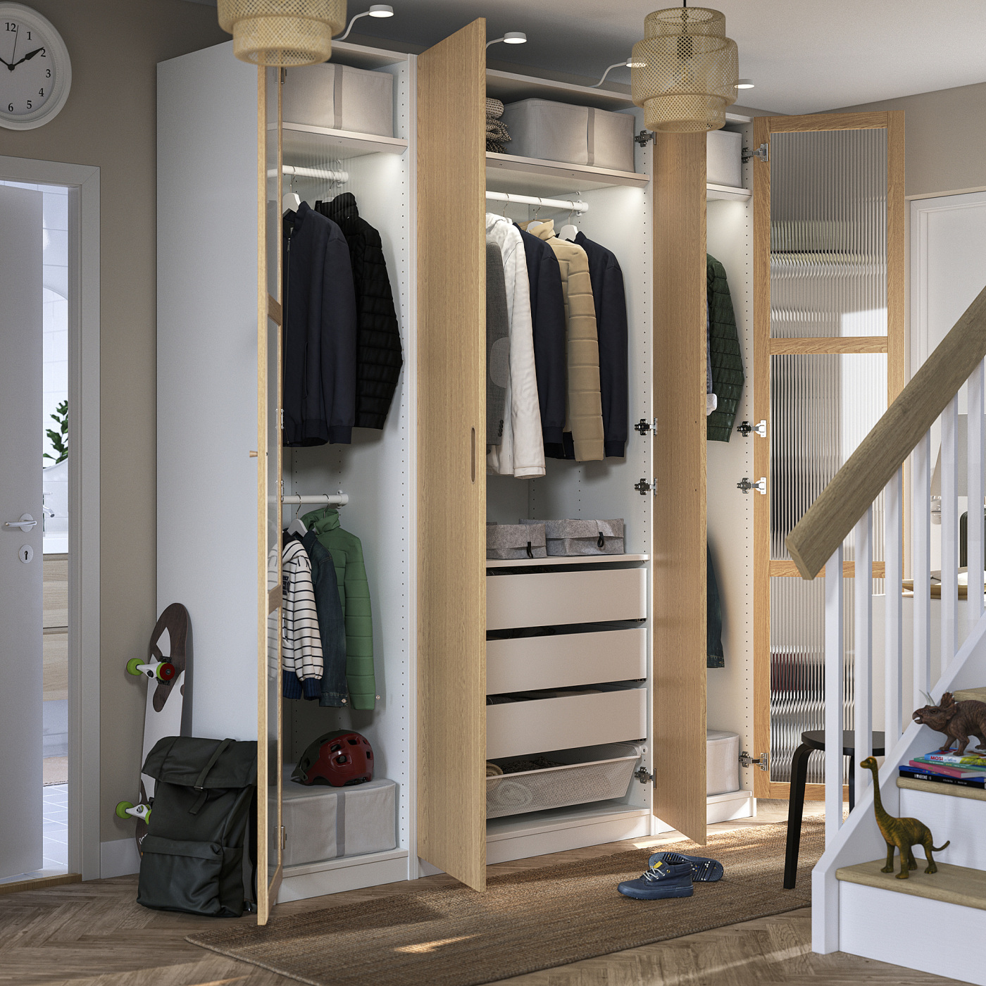 PAX / TONSTAD wardrobe combination white/oak veneer glass - IKEA