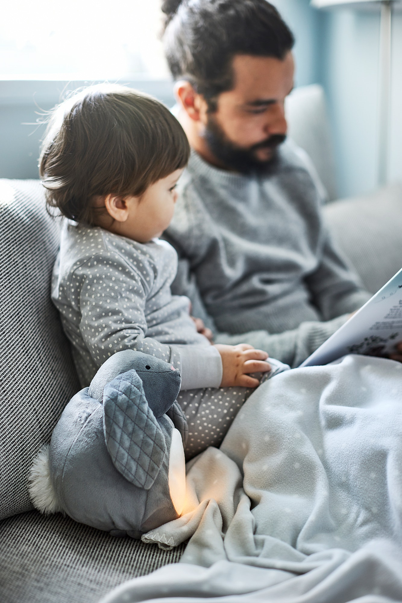 PEKHULT soft toy with LED night light grey rabbit/battery-operated