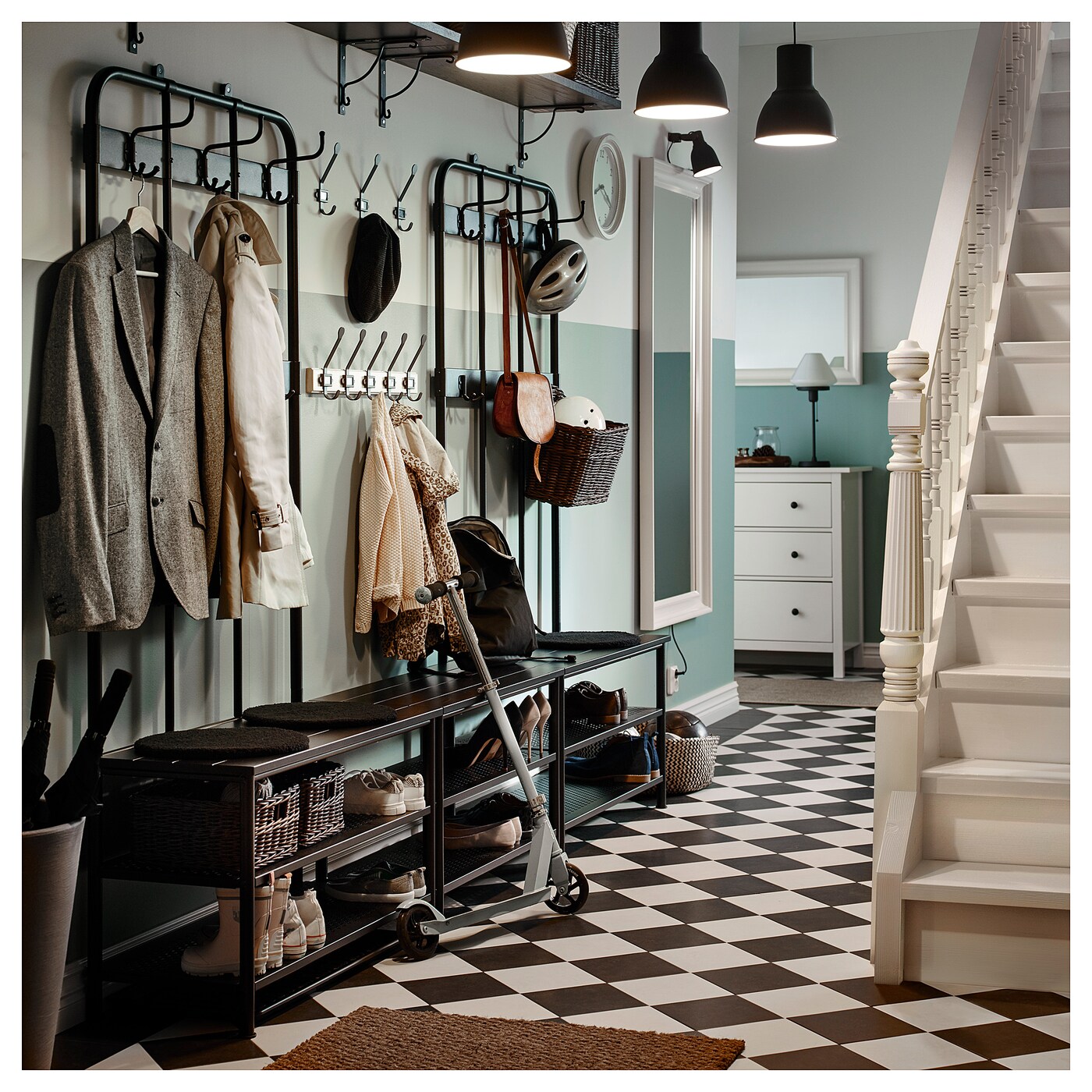 PINNIG 　ピンニグ コートラック 靴収納 ブラック193x37x90 cm PINNIG coat rack with shoe storage bench black - IKEA