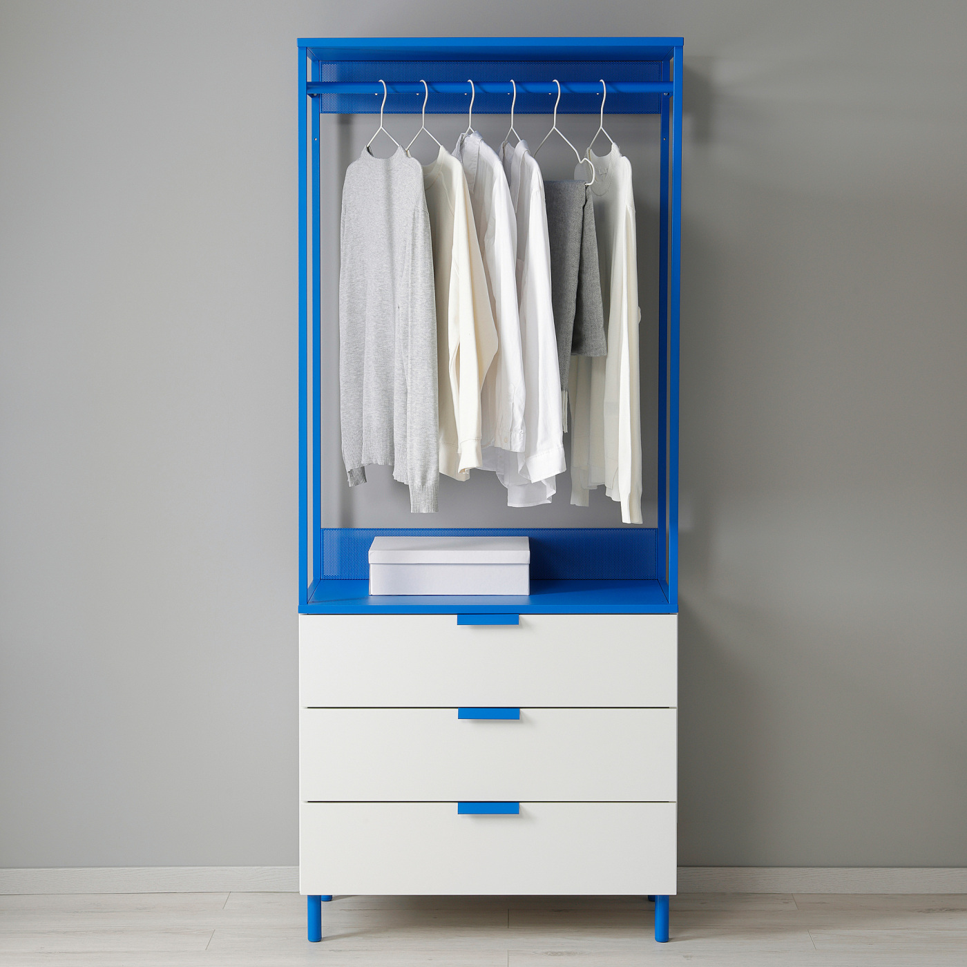 PLATSA open wardrobe with 3 drawers white Fonnes/blue - IKEA