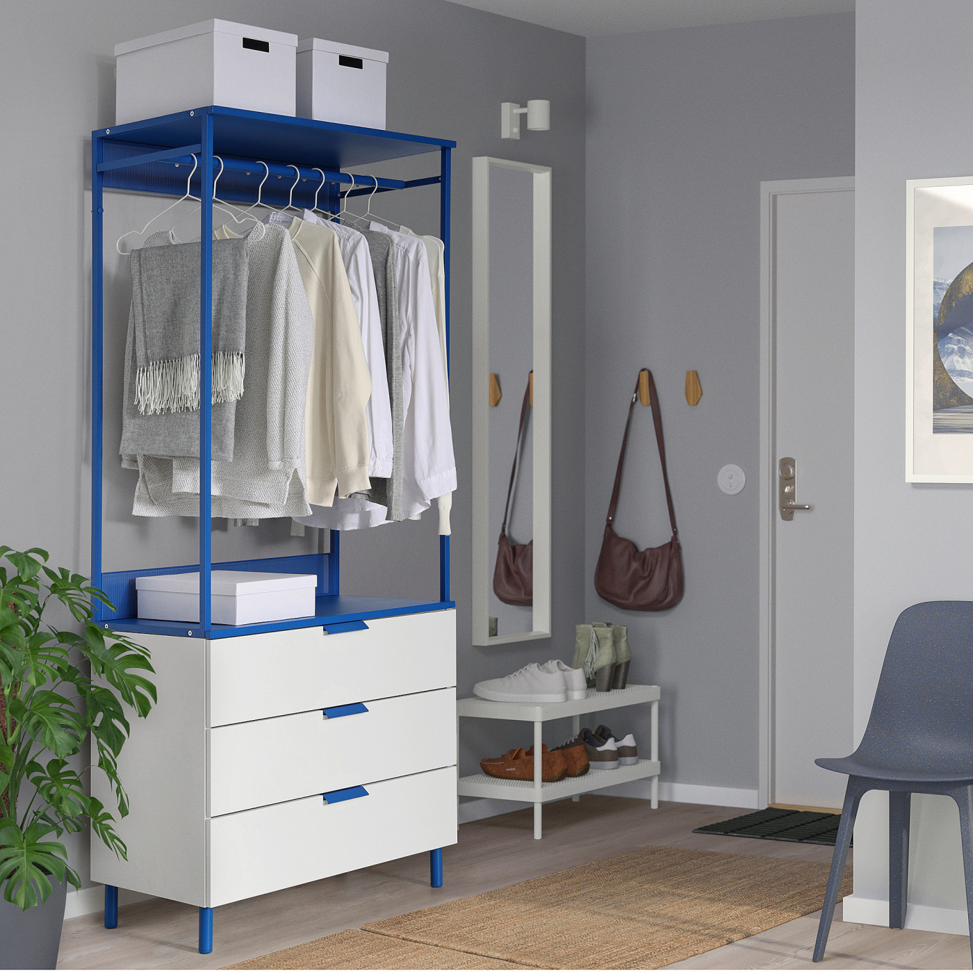 PLATSA open wardrobe with 3 drawers white Fonnes/blue - IKEA
