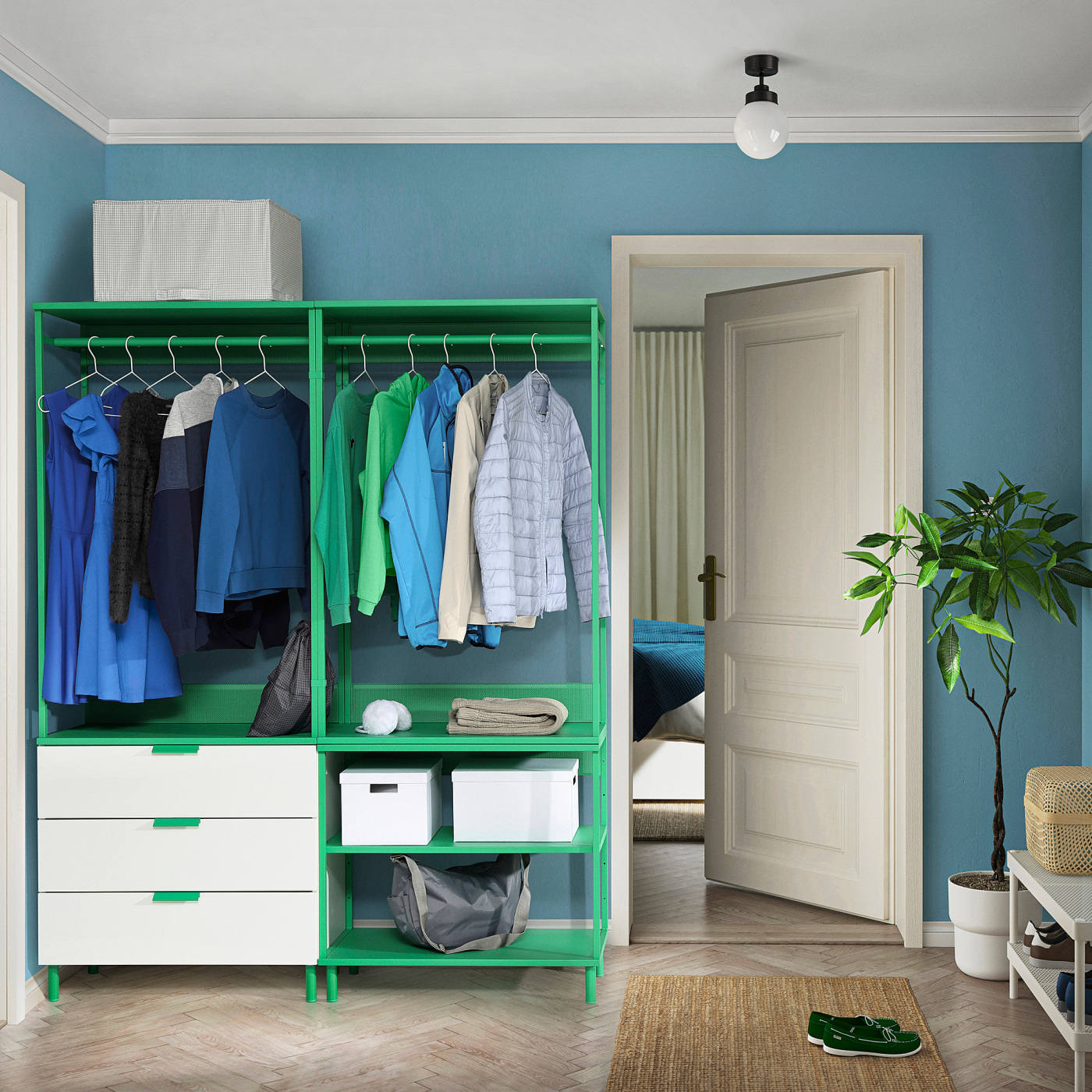 PLATSA open wardrobe with 3 drawers white/Fonnes green - IKEA