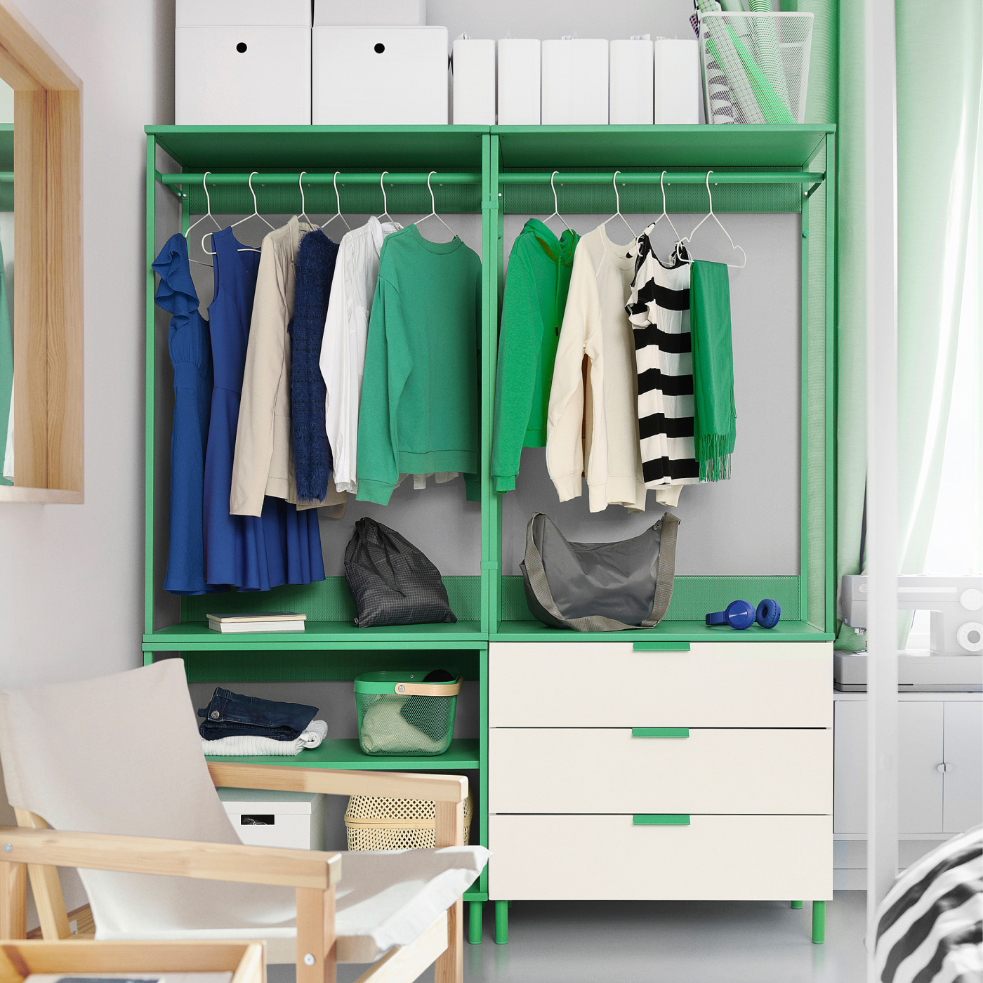 PLATSA open wardrobe with 3 drawers white/Fonnes green - IKEA
