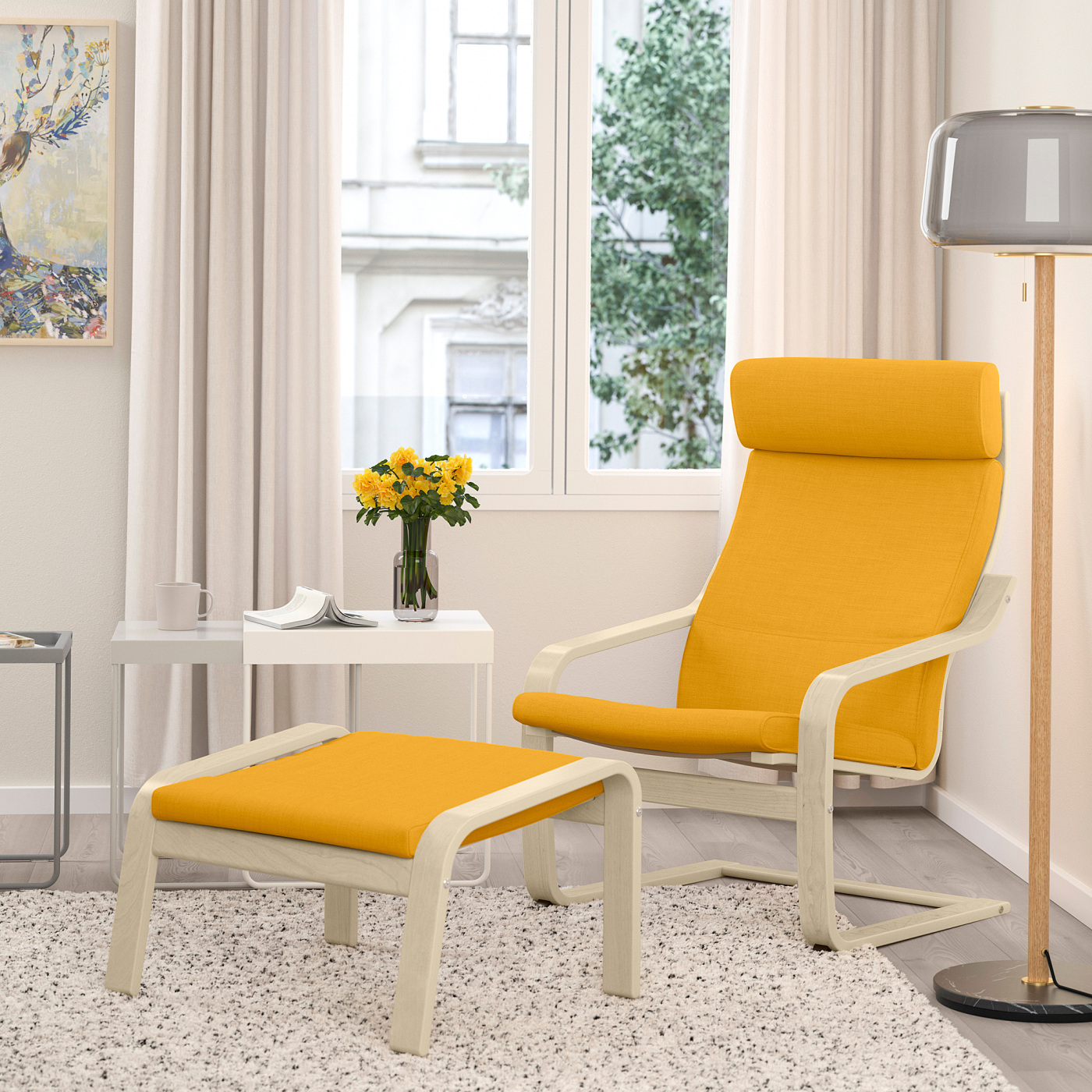 IKEA ポエング アームチェア オットマン イエロー POÄNG footstool birch veneer/Skiftebo yellow - IKEA