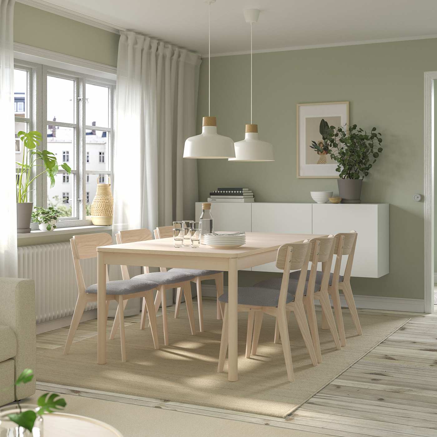RÖNNINGE / LISABO table and 6 chairs birch/Tallmyra white/black