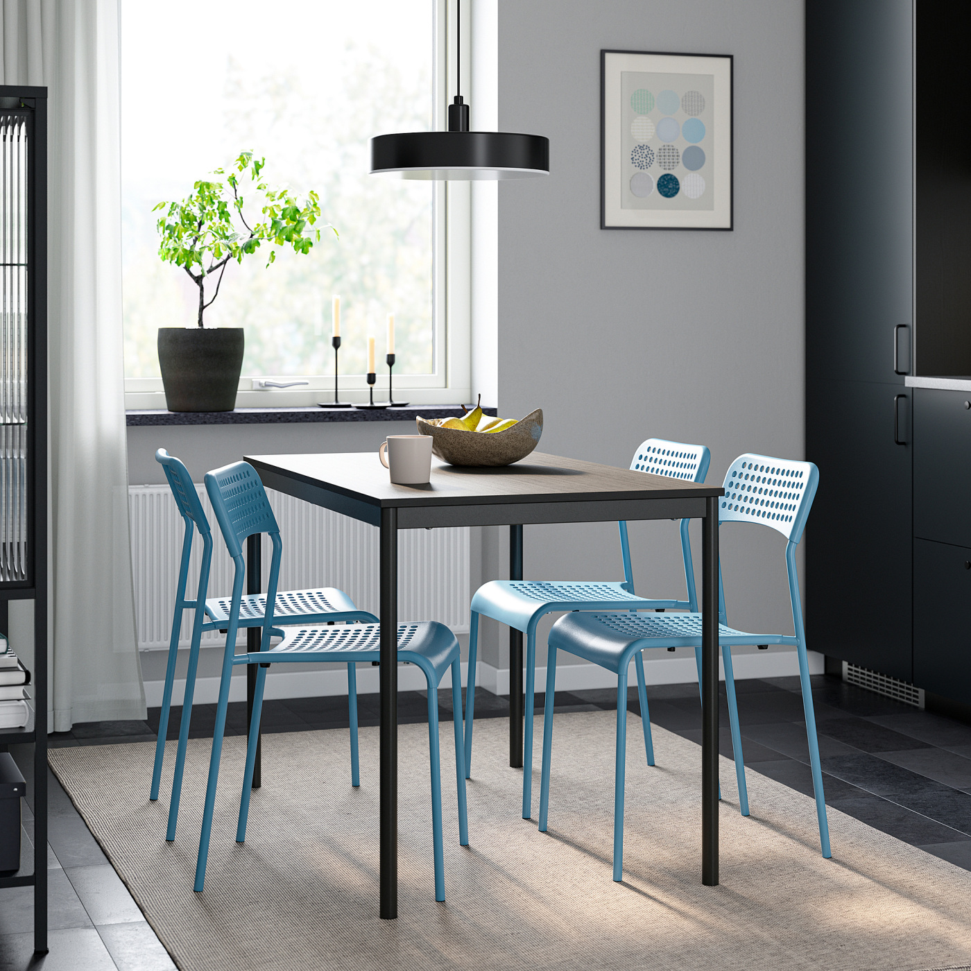 SANDSBERG table and 4 chairs black black/blue - IKEA