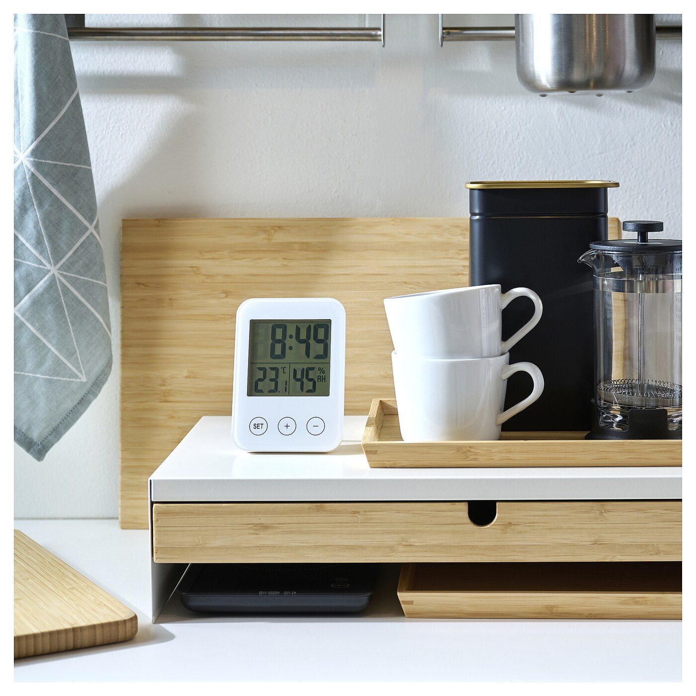 IKEA 置き時計 SLÅTTIS clock with hygro-/thermometer white - IKEA
