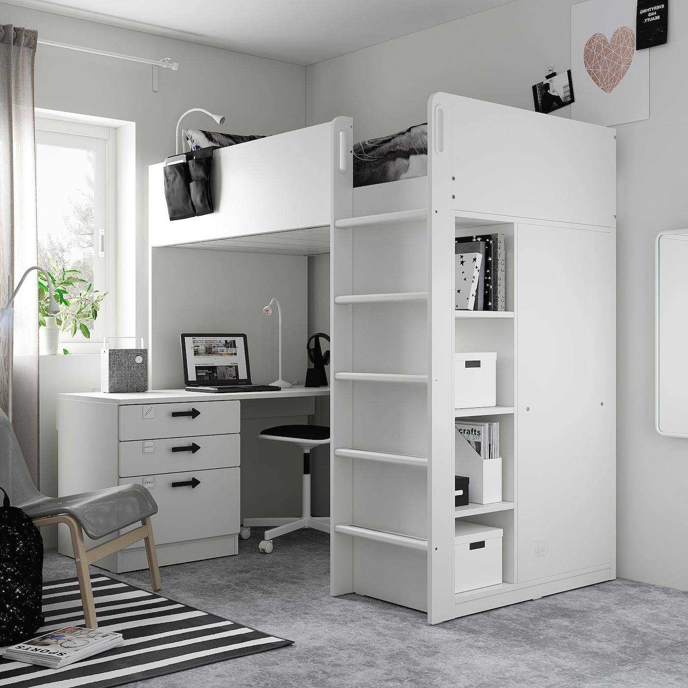 SMÅSTAD loft bed white green/with desk with 2 shelves - IKEA