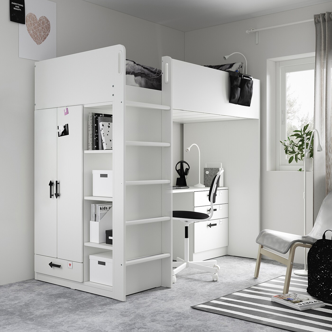 SMÅSTAD loft bed white green/with desk with 2 shelves - IKEA
