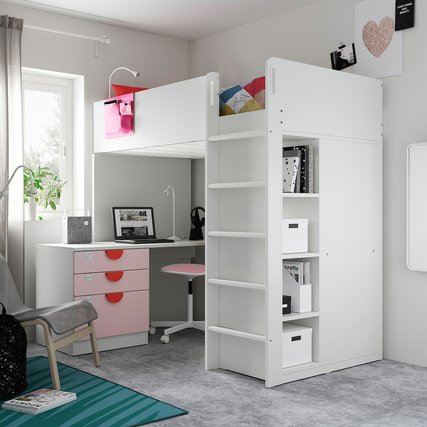 SMASTAD loft bed white pale pink with desk with 2 shelves IKEA