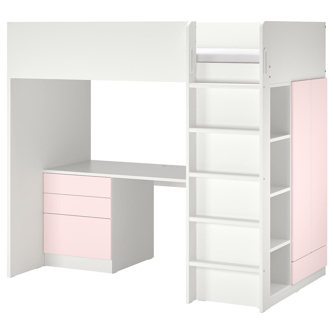 SMASTAD loft bed white pale pink with desk with 2 shelves IKEA