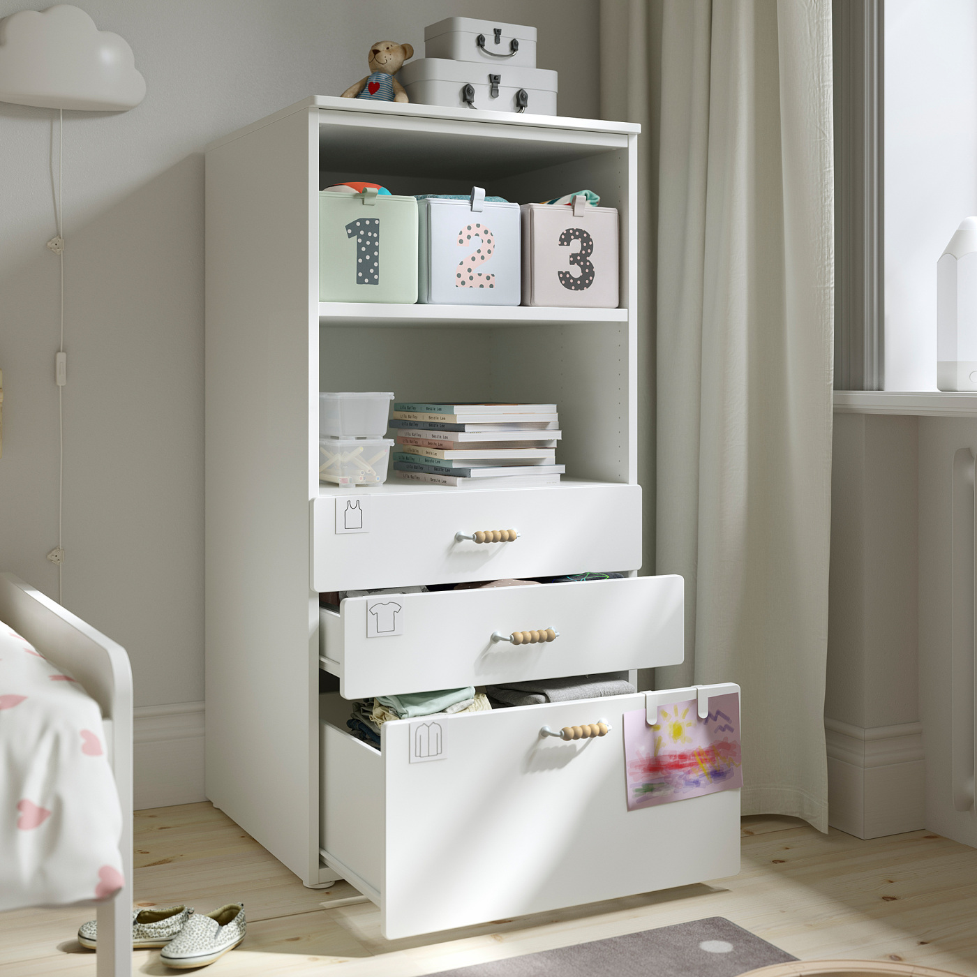 SMÅSTAD / PLATSA bookcase white pale pink/with 3 drawers - IKEA