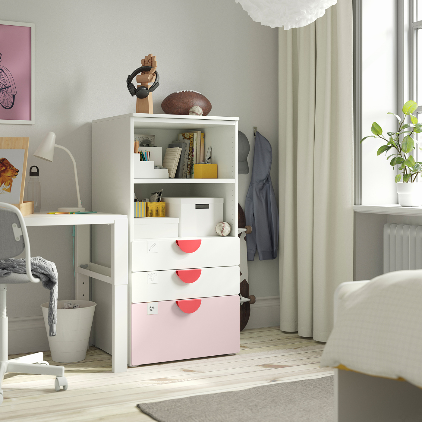 SMÅSTAD / PLATSA bookcase white pale pink/with 3 drawers - IKEA