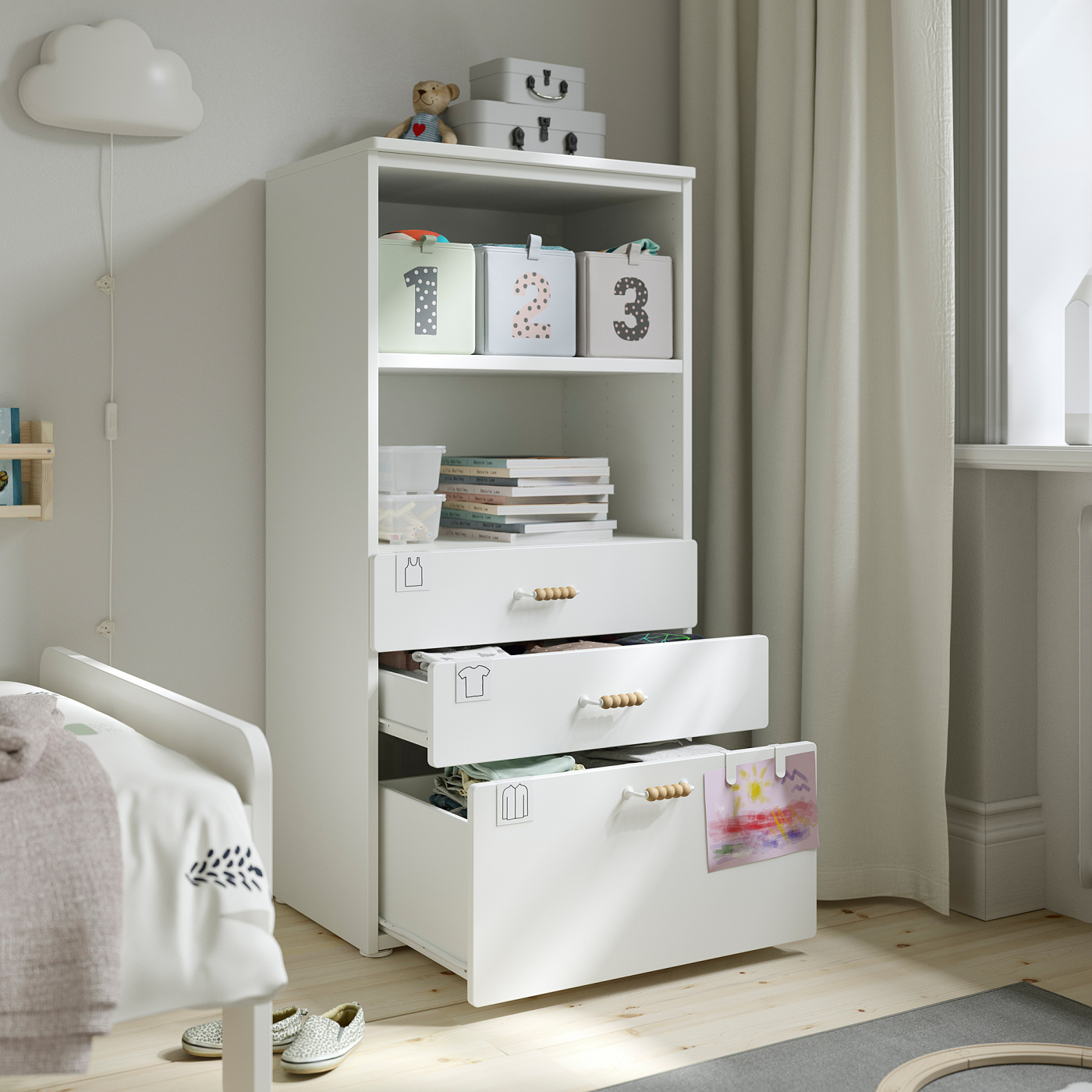 SMÅSTAD / PLATSA bookcase white pale pink/with 3 drawers - IKEA
