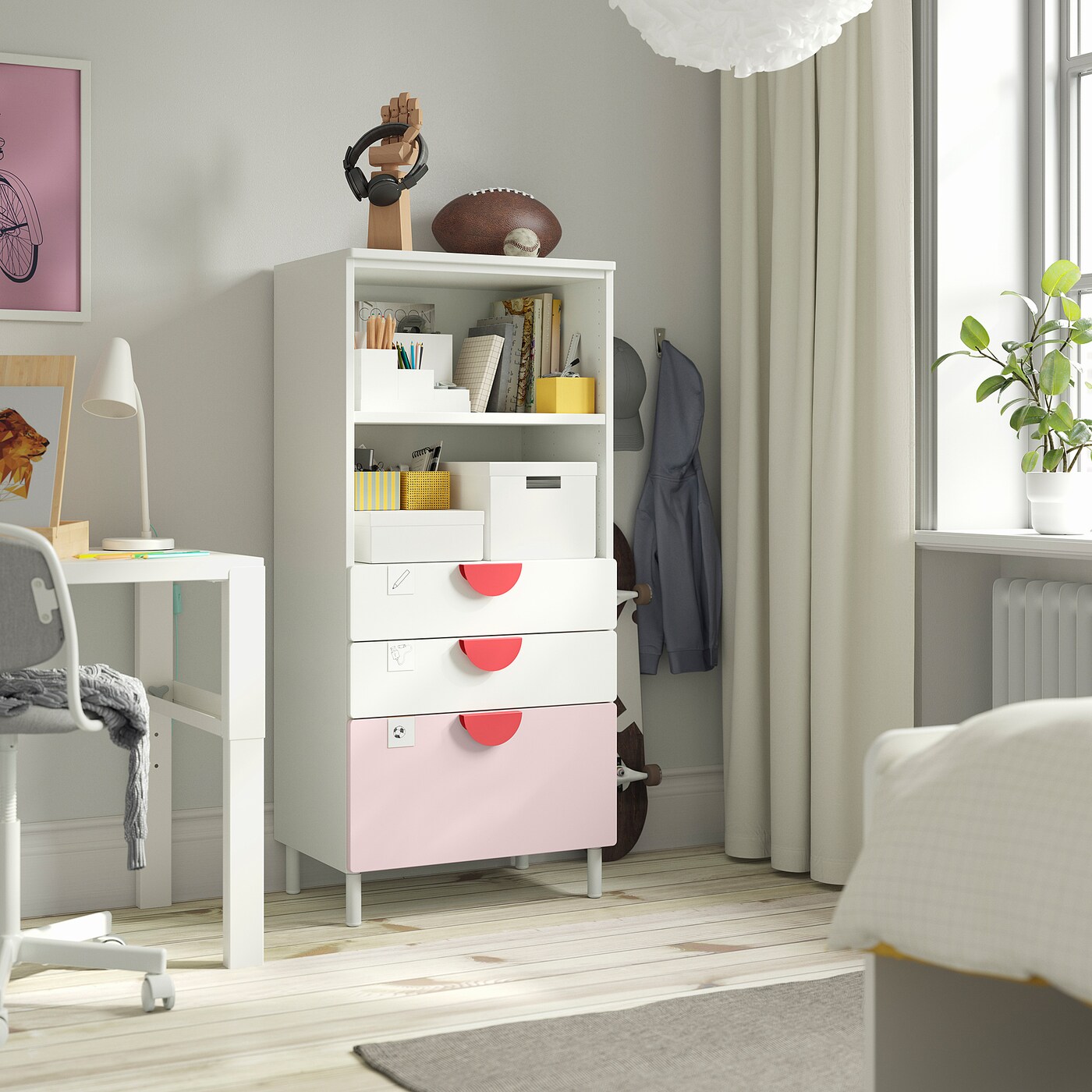 SMÅSTAD / PLATSA bookcase white pale pink/with 3 drawers - IKEA