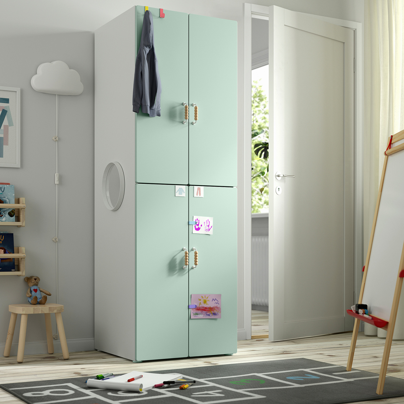 SMÅSTAD / PLATSA wardrobe white light green/with 2 clothes rails