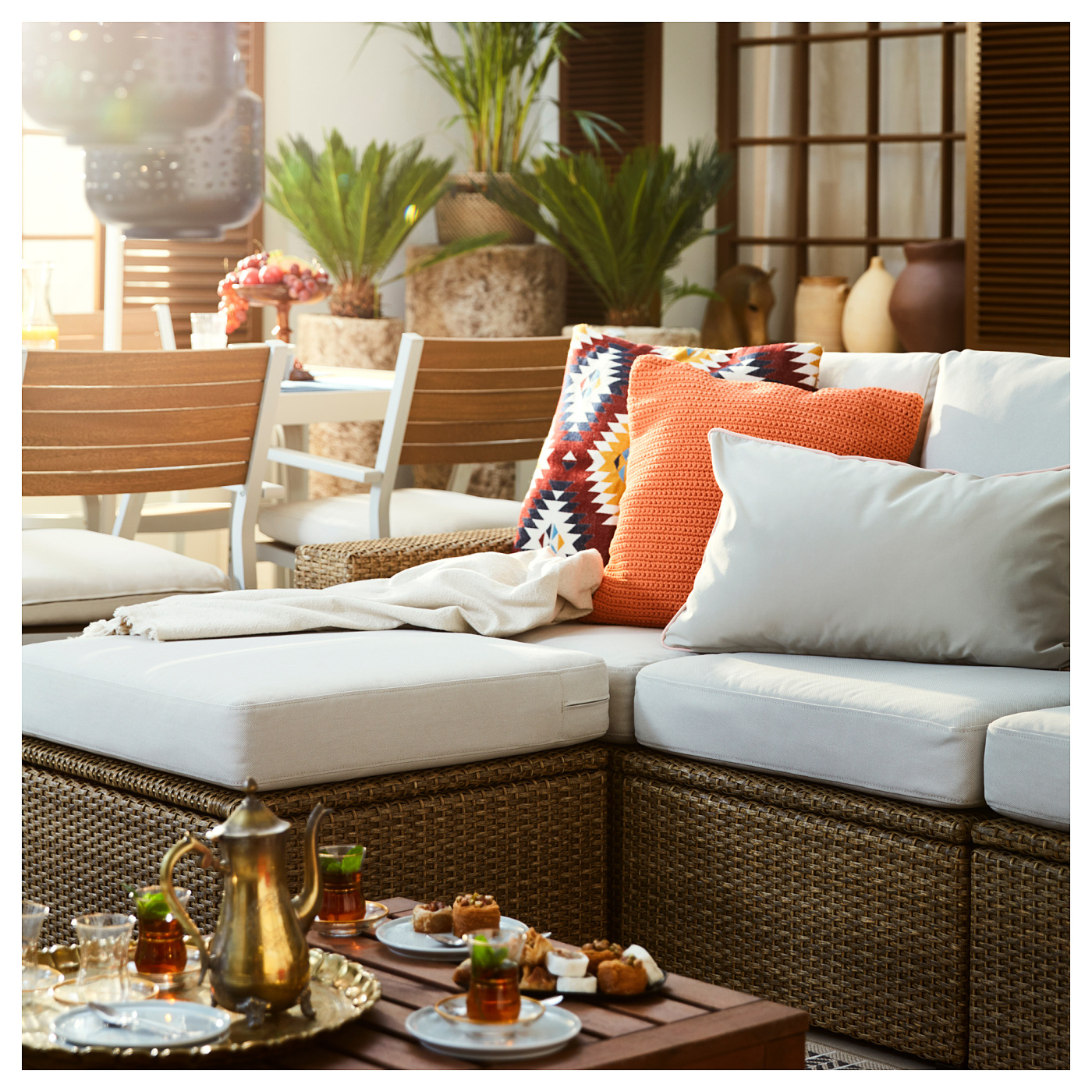 SOLLERÖN 3-seat modular sofa, outdoor with footstool brown/Frösön